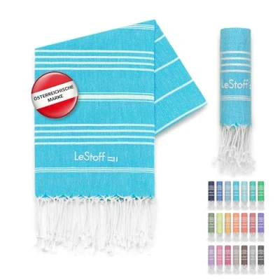 Abbildung von LeStoff Premium Hamamtuch 100% Bio Baumwolle Vorgewaschen, Nachhaltig, Saugstark &amp; Schnelltrocknend Strand, Bade, Dusch, Yoga, Spa Reise Tuch (50 x 100 cm, Aqua)