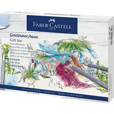 Abbildung von Faber Castell 114614 Goldfaber Aqua Aquarellfarbstift Geschenkset, 12 Farbstifte inklusive Fineliner, Bleistift, Aquarellblock, Spitzer, Radierer und Aquarellpinsel