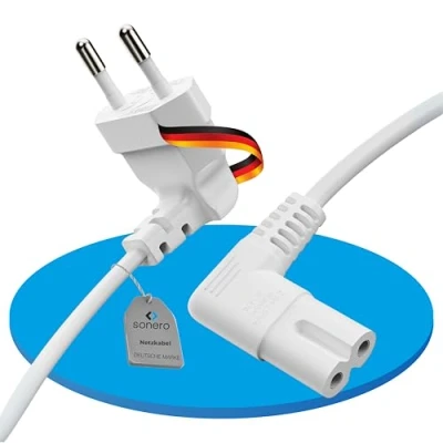 Abbildung von sonero Stromkabel Netzkabel 2 Polig,3,0m, Eurostecker Typ C Netzstecker auf IEC Buchse C7 Euro 8 Stecker, 90 Winkel Netzteil Strom Kabel für TV, PS5, PS4, PS3, Haushaltsgeräte, Weiß