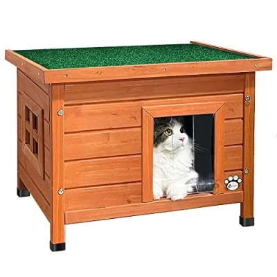 Abbildung von VOUNOT® Katzenhaus aus Holz, Katzen Haus mit Asphaltdach, Katzenhütte für Draussen Outdoor 57 x 45 43 cm