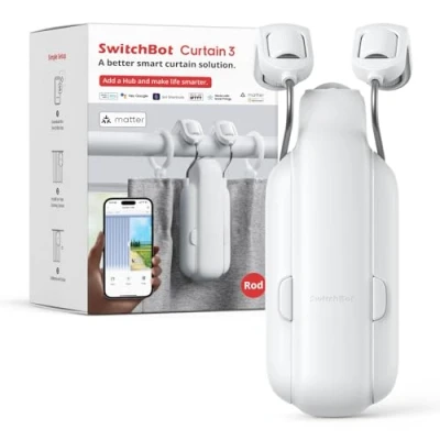 Abbildung von SwitchBot Smart Automatischer Vorhangöffner Bluetooth Fernbedienung mit App/Timer, Aufgerüsteter Hochleistungsmotor, Kompatibel Matter/HomeKit Hub 2 erforderlich (Curtain 3, Rod)