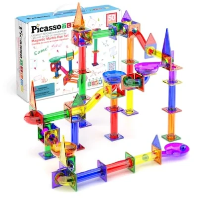 Abbildung von PicassoTiles Murmelbahn 50 teilige Magnetfliesen Rennbahn Spielzeug Set, Bauen &amp; Lernen, pädagogische Magnetkonstruktion, Kinder Gehirn Entwicklungs Kit Jungen Mädchen Alter 3 4 5 6 7 8+ Jahre alt
