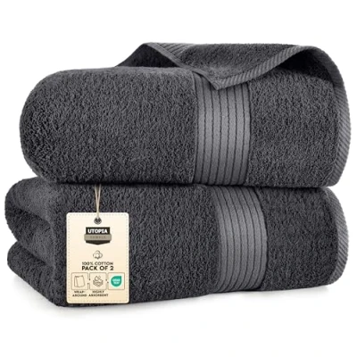 Abbildung von Utopia Towels 2er Großes Badetuch mit Aufhänger 100% gekämmte ringgesponnene Baumwolle, sehr saugfähig große Badetücher 90 x 180 cm, hochwertiges Saunatuch (Grau)