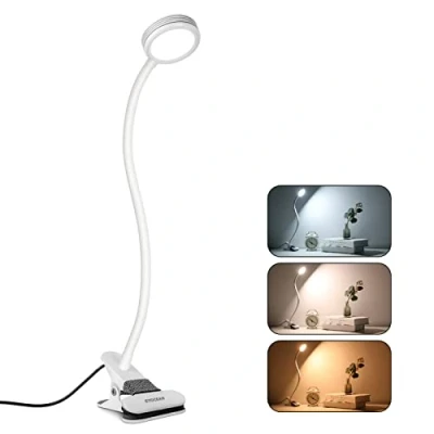 Abbildung von EYOCEAN Leselampe, LED Klemmleuchte, Schwanenhals Lampe, Kinder Nachttischlampe, 3 Farbmodi &amp; 9 Helligkeitsstufen, Augenpflege Schreibtischlampe für Büro Heimgebrauch, Adapter Enthalten, 5W, Weiß