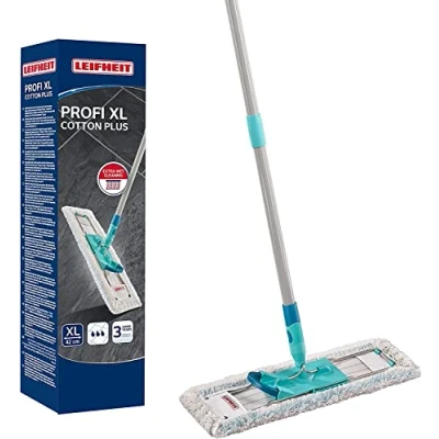 Abbildung von Leifheit rückenschonender Bodenwischer Profi XL cotton plus, Stahlstiel 146cm, Wischmopp mit Fußklick, für Fliesen umd Steinböden, 360 Drehgelenk, Click System, umweltfreundlicher Karton