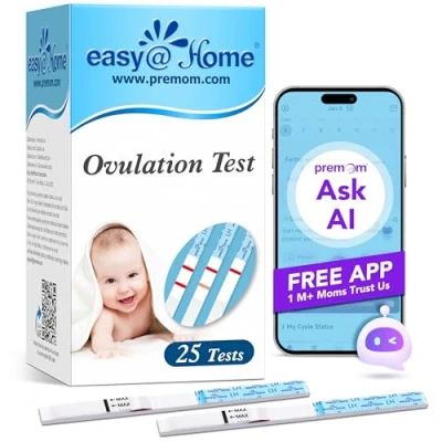 Abbildung von Easy@Home 25 Ovulationstest Kinderwunsch Fruchtbarkeitstest für Frauen Eisprung mIU/ml, Zuverlässige Zyklus und Fruchtbarkeit Überwachung mit Premom Ovulation APP, LH Test