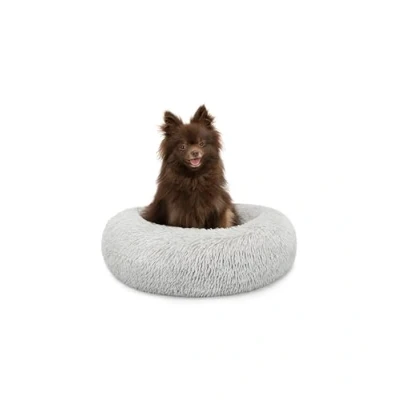 Abbildung von lionto Donutbett für Hunde und Katzen, Flauschiges Hundebett rund kleine große Heimtiere, Ø 40 cm, weiches Katzenbett aus kuscheligem Plüsch, Hundekissen mit extra Dicker Füllung, hellgrau
