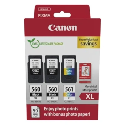 Abbildung von Canon Originaltinte PG 560XL x 2 / CL 561XL (3 Tintenpatronen; 2X Schwarz XL + 1x Farbe XL) Photo Value Pack (inkl. Fotopapier GP 501 50 Blatt 10x15cm)