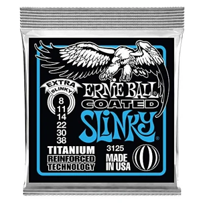 Abbildung von Ernie Ball Extra Slinky Coated Titanium RPS E Gitarrensaiten, Stärke 8 38