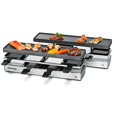 Abbildung von ROMMELSBACHER RC 1600 Raclette Grill fun for 4+4 (Tischgrill, für 8 Personen, erweiterbar, Parkdeck, Alu Druckguss Grillplatte mit Xylan Plus Antihaftbeschichtung, 1460 W) silber