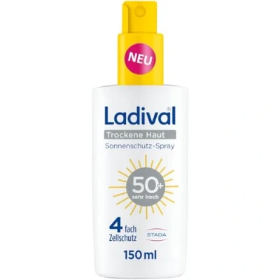 Abbildung von Ladival Sonnenschutz Spray LSF 50+ für trockene Haut Sonnencreme bei Neigung zu Neurodermitis, beruhigend, pflegend mit Hyaluronsäure, 4 fach Zellschutz, wasserfest, 150ml