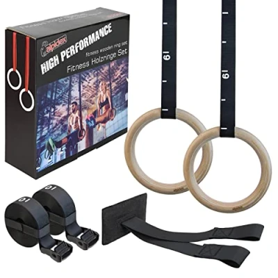 Abbildung von ALPIDEX Turnringe Gymnastikringe Wettkampf Norm 28 mm Griffe aus Birkenholz inklusive Türanker und Befestigungsgurte mit Längenmarkierung 7 Jahre Garantie auf Material*