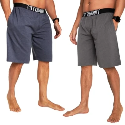 Abbildung von CityComfort Pyjama Shorts Herren, Kurze Schlafanzughose Herren mit Seitentaschen &amp; Elastischem Bund 2er Pack (Dunkelblau/Anthrazit, L)