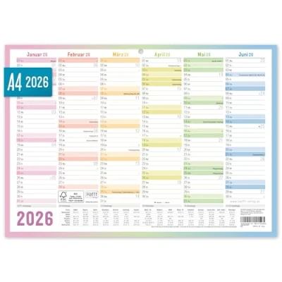 Abbildung von Häfft® Premium Tafelkalender 2026 A4 quer mit Ferien &amp; Feiertagen, 850g/m² Karton Jahresplaner, Wandkalender, Jahreskalender &quot;Rainbow&quot; nachhaltig klimafreundlich