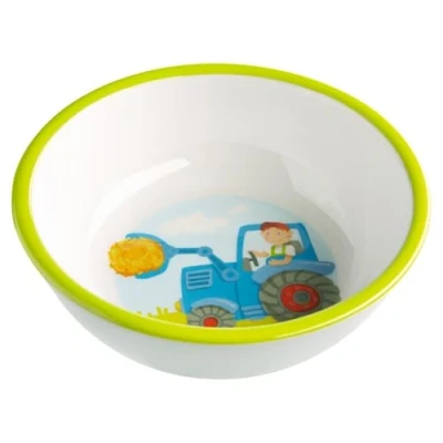 Abbildung von HABA 302819 Schüssel Traktor, rutschfeste Kinderschüssel aus Melamin mit Traktormotiv, spülmaschinengeeignet, Weiß