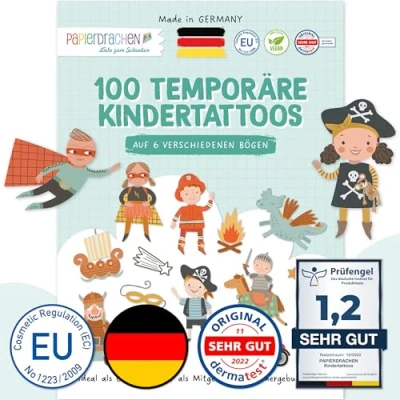 Abbildung von Papierdrachen 100 Kindertattoos zum Aufkleben aus Deutschland Tattoos mit Heroes und weiteren kindgerechten Designs als Geburtstagsmitgebsel vegan Diversity Set 15