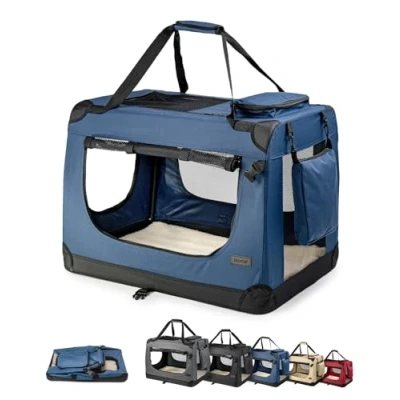 Abbildung von lionto Hundetransportbox faltbar für Reise &amp; Auto, 82x58x58 cm, stabile Transportbox mit Tragegriffen Decke Katzen Hunde bis 18 kg, robuste Hundebox aus Stoff klein groß, dunkelblau
