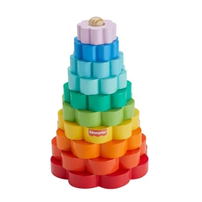 Abbildung von Fisher Price Ring Stapelspielzeug aus Holz für Kleinkinder, 10 Holzteile Stapelspielspaß Kinder ab 18 Monaten, HXT77