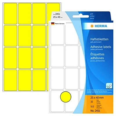 Abbildung von HERMA 2451 Vielzweck Etiketten, 512 Stück, 25 x 40 mm, 16 pro Bogen, selbstklebend, Haushaltsetiketten zum Beschriften, matt, blanko Papier Klebeetiketten Aufkleber, gelb