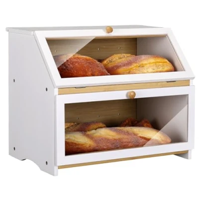 Abbildung von Leader Accessories Bambus Brotkasten 2 Etagen Brotbehälter lebensmittelecht Brotaufbewahrung pflegeleicht 39x25x32cm Weiß