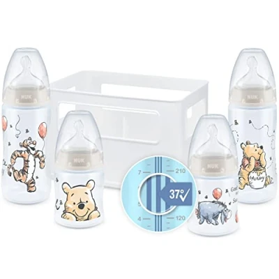 Abbildung von NUK First Choice+ Babyflaschen Starter Set 06 Monate 4 Flaschen mit Temperature Control &amp; Flaschenbox Anti Colic Air System BPA frei Disney Winnie Puuh