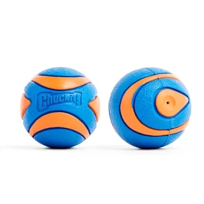 Abbildung von ChuckIt! Ultra Quietscher Hundeball, langlebiges schwimmendes Hundespielzeug aus Gummi mit hoher Sprungkraft, kompatibel kleinen Werfern, blau und orange, klein, 2 Stück