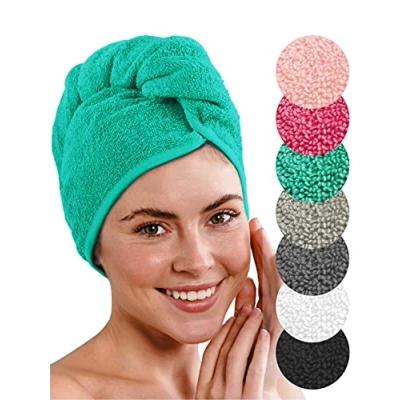 Abbildung von LAYNENBURG Premium Haarturban mit Knopf aus 100% Baumwolle Haar Handtuch inkl. 4 Haargummis für Kurze und Lange Haare Turban ist schnelltrocknend saugstark (türkis)