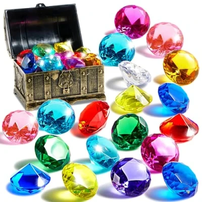 Abbildung von JOYIN SLOOSH Tauchjuwel Pool Spielzeug, 16 große Bunte Diamanten mit Piraten Schatzkiste, Tauchspielzeug Kinder Unterwasser Edelstein Schwimmen Training Wasserspielzeug（Gold）