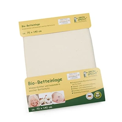Abbildung von GRÜNSPECHT Bio Betteinlage 70x140cm, Matratzenschutz, 100 % Baumwolle (kbA) mit PU Kern, kochfest &amp; trocknergeeignet, wasserdicht urinundurchlässig (617 00)
