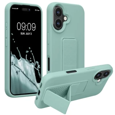 Abbildung von kwmobile Handyhülle kompatibel mit Apple iPhone 16 Hülle Fingerhalter und Standfunktion Silikon Case Handy Cover in Mintgrün