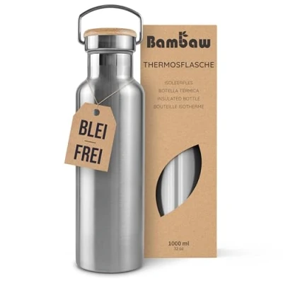 Abbildung von Bambaw Edelstahl Trinkflasche 1 l Isolierte Thermosflasche für Sport, Büro, Schule, Outdoor Auslaufsicher &amp; ohne Plastik Langlebige Wasserflasche heiße kalte Getränke Metall Flasche