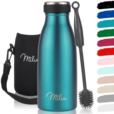 Abbildung von Milu Edelstahl Trinkflasche 350ml, 500ml, 750ml, 1L, 1,5L Thermosflasche für Kinder Erwachsene auslaufsicher Isolierflasche Kohlensäure geeignet inkl. Reinigungsbürste (Grün, 350ml)