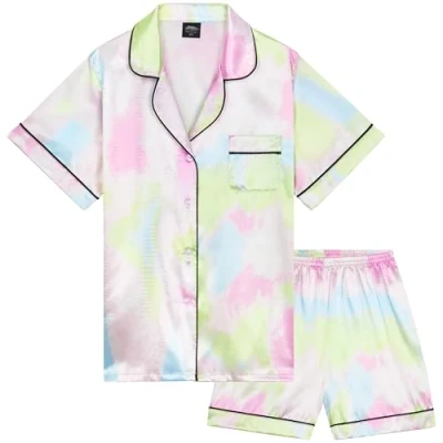 Abbildung von CityComfort Schlafanzug Mädchen Kurz Satin Pyjama Kinder Teenager Weiche Atmungsaktive Sommer Kurzarm Schlafanzüge Loungewear Set (9 10 Jahre, Multi Regenbogen)
