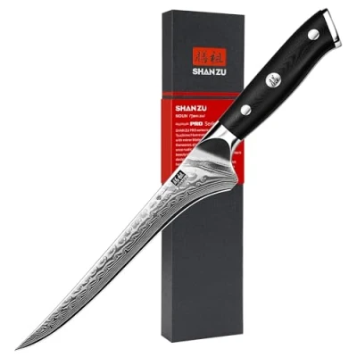 Abbildung von SHAN ZU Damast Filetiermesser 18 cm Küchenmesser, Ausbeinmesser aus 67 Lagen Japanischem Damaststahl, Professionelles Fischfiliermesser, Scharfes Fischmesser mit Ergonomischem G10 Griff PRO Series