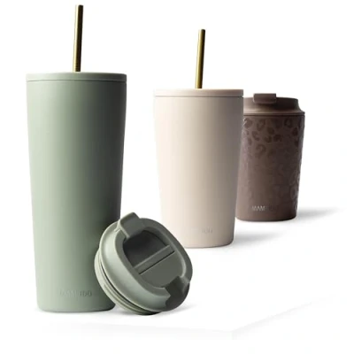 Abbildung von MAMEIDO Thermobecher mit Strohhalm 700ml &amp; 470ml Trinkbecher Deckel und aus Edelstahl doppelwandig isoliert, auslaufsicher Coffee to go Becher (Desert Sage, 0,7l)