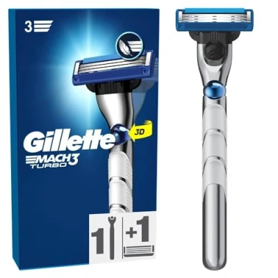 Abbildung von Gillette Mach3 Turbo Rasierer für Männer, 1 Rasierer, Ersatzklinge, Mit verbessertem Gleitstreifen ein sanftes Gleiten und NEUEN Klingen