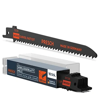 Abbildung von Presch Säbelsägeblätter Holz 130mm 10 Stk. Kurvenschnitt 6 100mm Sägeblätter Säbelsäge für Holz, Küchenarbeitsplatten uvm. Universalschaft Reciprosäge Set inkl. Box