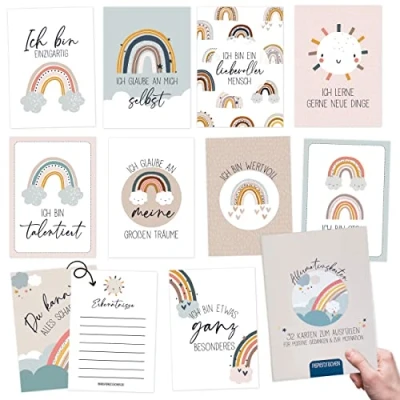 Abbildung von Papierdrachen 32 Affirmationskarten mit positiven Mantras Achtsamkeitskarten Geschenkbox Motivationskarten Stress bewältigen Selbstliebe Geschenkidee für Kinder Regenbogen