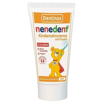 Abbildung von Nenedent Kinderzahncreme der 3 fach Schutz gegen Karies härtet den Zahnschmelz Milchzähne 1.000 ppm 13% Xylit Anteil VEGAN und ohne Farbstoffe 1x50ml
