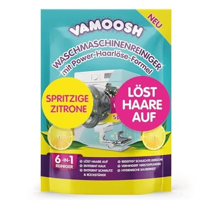 Abbildung von Vamoosh 6 in 1 Waschmaschinenreiniger &amp; Entkalker, löst Haare auf, beseitigt schlechte Gerüche, entfernt Kalk, hinterlässt einen frischen Geruch, antibakterieller Tiefenreiniger (Zitrone, Waschgang)