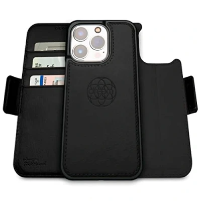 Abbildung von Dreem Fibonacci iPhone 14 Pro Geldbörsen Hülle / 2 in 1 Stoßfestes MagSafe Case und abnehmbares Luxus Vegan Leder Folio mit RFID Kartenschutz Ständer; für Frauen Männer Schwarz