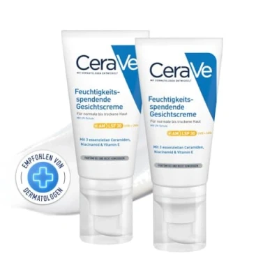 Abbildung von CeraVe Feuchtigkeitsspendende Gesichtscreme Mit LSF 30, Beruhigende Tagescreme für normale bis trockene Haut, 3 essenziellen Ceramiden, Hyaluron und Niacinamid, 2 x 52 ml