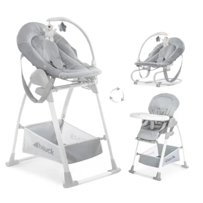 Abbildung von hauck Hochstuhl mit Babywippe Sit N Relax 3in1 ab Geburt bis 15 kg Wippgestell, Höhenverstellbares Gestell Rollen, Klappbar, Verstellbar, XL Korb, Wippe Spielebogen (Stretch Grey)