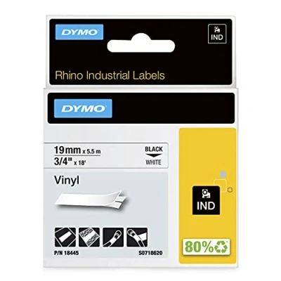 Abbildung von DYMO Rhino Industrie Vinyletiketten, 19 mm x 5,5 m, schwarz auf weiß, selbstklebendes Schriftband, für und LabelManager Beschriftungsgerät
