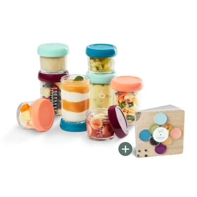Abbildung von Babymoov Babybols aus Glas Behälter für Babynahrung zum Aufbewahren und Einfrieren von Babybrei, 4x 220ml + 100ml Rezeptbuch