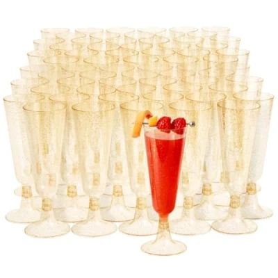 Abbildung von MATANA 100 Premium Elegante Sektgläser aus Kunststoff mit Goldglitter, 150ml Plastik Champagnergläser Gold, Mehrweg Sektflöten, Cocktailgläser für Hochzeiten, Geburtstage, Partys