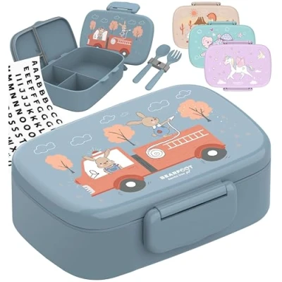 Abbildung von BEARFOOT Brotdose Kinder mit Fächern, BPA frei, Lunchbox, Bento box, Brotbox, Mädchen &amp; Jungen, Snackbox, 100% auslaufsicher, Vesperbox für Kindergarten, Schule (Hund&amp;Katze blau)