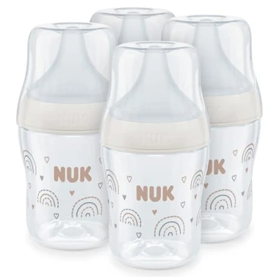 Abbildung von NUK Perfect Match Babyflaschenset Ab 0 Monate Passt sich dem Baby an Temperature Control Anti Colic 150 ml BPA frei Silikontrinksauger, Small Regenbogen 4 Stück