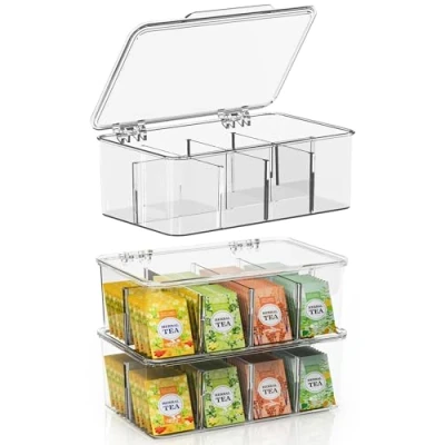Abbildung von KICHLY Teebeutel Organizer 3er Pack stapelbar Lagerung Veranstalter mit klaren Deckel Halter für Arbeitsplatten, Küchenschränke, Vorratskammern, Süßungsmittel, Kunststoff (Klar)