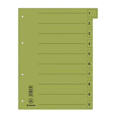 Abbildung von DONAU 8611001 06 Trennblätter 50er Pack/Farbe: Grün/Karton Register überbreit Aus Recycling Karton/für DIN A4 4 Fach Lochung Trennlaschen Ordner Register/Blauer Engel/Made in EU